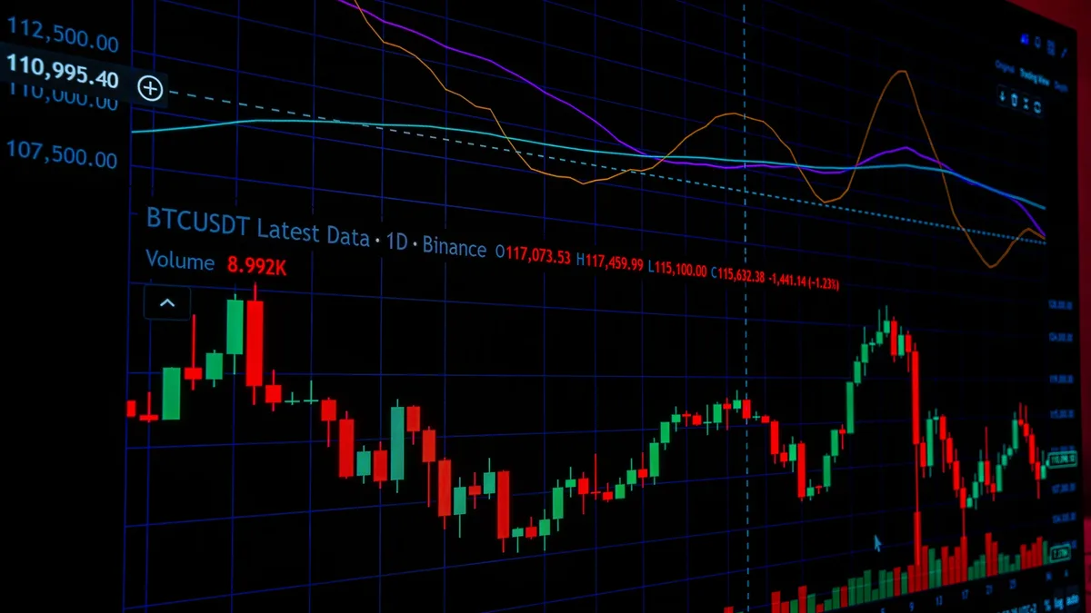 A computer screen displaying a graph with a grid pattern, featuring a title that reads "BTCUSDT Latest Data" and a volume indicator.